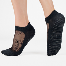 Load image into Gallery viewer, Black floral mesh Pilates socks with grip sole by SHASHI