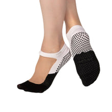 Charger l'image dans la galerie, The socks feature a unique sole that is half white and half black, with small rubber grips for secure traction. The upper part of the foot is covered with nude mesh for breathability and a sleek look.