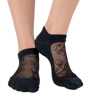 Load image into Gallery viewer, Black floral mesh Pilates socks with grip sole by SHASHI