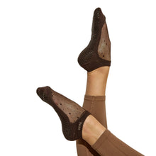 Lade das Bild in den Galerie-Viewer, The socks are a rich brown color with bronze sparkles and rubber grips for added traction, making them perfect for yoga, pilates, or barre.
