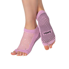 Charger l'image dans la galerie, These pink socks feature an open toe design mesh with sparkles on top and rubber grips on the soles for secure traction.