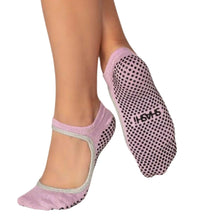 Charger l'image dans la galerie, The socks feature a delicate pink color with shimmering silver accents. The top is open and the soles have small rubber grips for secure traction during the workout.