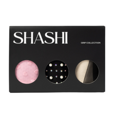 Load image into Gallery viewer, 3 pack grip socks a pair of pink with mesh and herts a black crew grip sock with pearls and a crew height ivory colour socks with black tulle bow