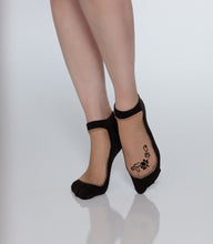 Load image into Gallery viewer, workout socks with grips on the bottom and mesh on the top lotus embroidery on left foot