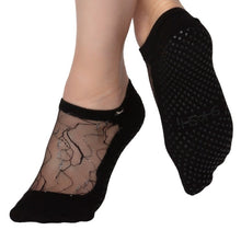 Load image into Gallery viewer, black grip socks with black and silver mesh and lace pattern on the top part of feet