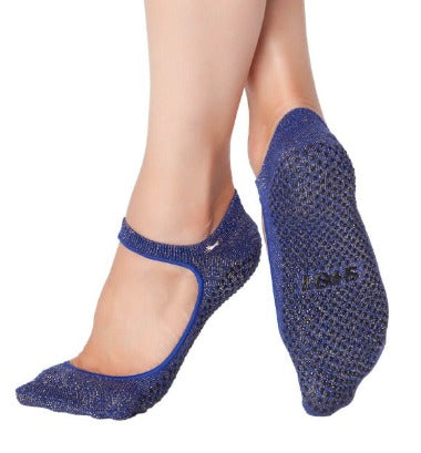 indigo blue with gold thread grip socks and open at the instep area