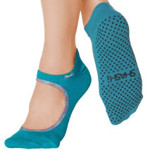 Load image into Gallery viewer, grip socks with grips and a large opening on the upper part of the foot in turquoise with colorful trim
