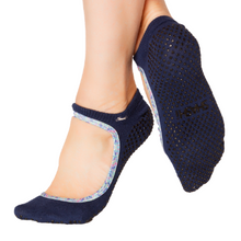 Load image into Gallery viewer, grip socks with grips and a large opening on the upper part of the foot in navy blue with colorful trim
