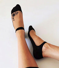 Load image into Gallery viewer, black grip socks with nude mesh with lotus flower embroidery on left sock