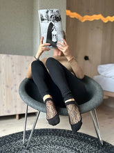 Load image into Gallery viewer, grip socks in black with gold and black thread mesh pattern