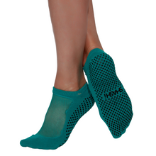Load image into Gallery viewer, Striking Peacock Blue grip Shashi socks designed for balanced support in left and right feet
