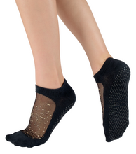 Lade das Bild in den Galerie-Viewer, SHASHI Sparkle Gold Dust grip socks with mesh and gold dust detail in Black
