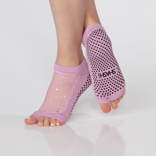 open toe grip socks with mesh and sparkles in rose Shashi brand