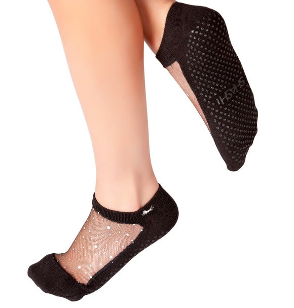 grip socks in black with mesh and sparkles  on top Shashi brand