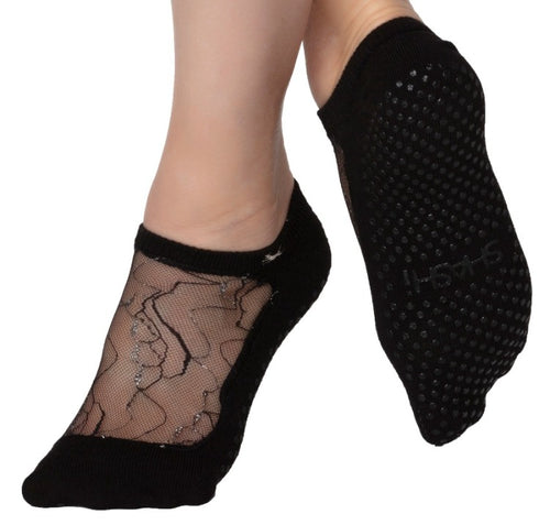 black grip socks with black and silver mesh and lace pattern on the top part of  feet