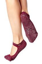 Load image into Gallery viewer,  Burgundy with metallic silver thread grip socks and open at the instep area
