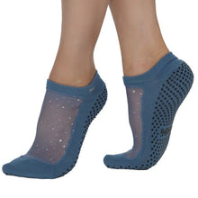 Lade das Bild in den Galerie-Viewer, non slip socks with grips on the bottom and mesh with sparkles on top part of feet riverside blue color Shashi brand
