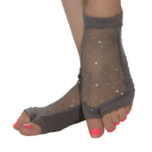 Load image into Gallery viewer, open toe socks with mesh and sparkles on the upper part of feet charcoal color
