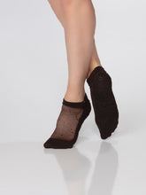 Load image into Gallery viewer, grip socks for pilates with mesh and sparkles on the upper part of feet coffee copper color Shashi brand
