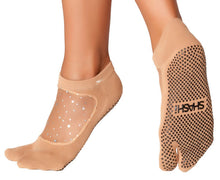 Load image into Gallery viewer, split toe grip socks with mesh and sparkles on the upper part of the feet nude
