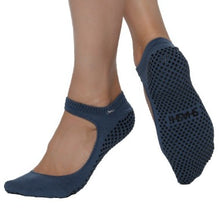 Load image into Gallery viewer, denim blue socks with grips and a large opening on the upper part of the foot Mary Jane style
