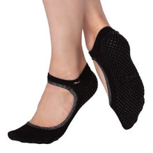 Charger l&#39;image dans la galerie, grip socks with grips and a large opening on the upper part of the foot in black with silver trim
