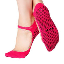 Load image into Gallery viewer, grip socks with grips and a large opening on the upper part of the foot in pink with colorful trim
