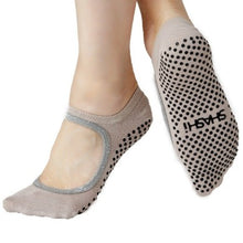 Load image into Gallery viewer, grip socks with grips and a large opening on the upper part of the foot in taupe color with silver trim

