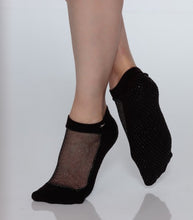 Load image into Gallery viewer, black grip socks with silver sparkling mesh on the top 
