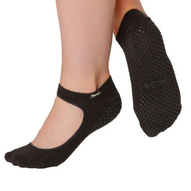 black socks with grips and a large opening on the upper part of the foot
